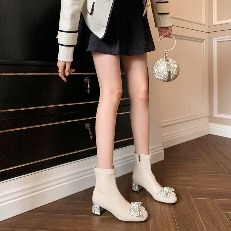 Karin Luna In Stock   Rhinestone Bow Thick Heel Slim Boots