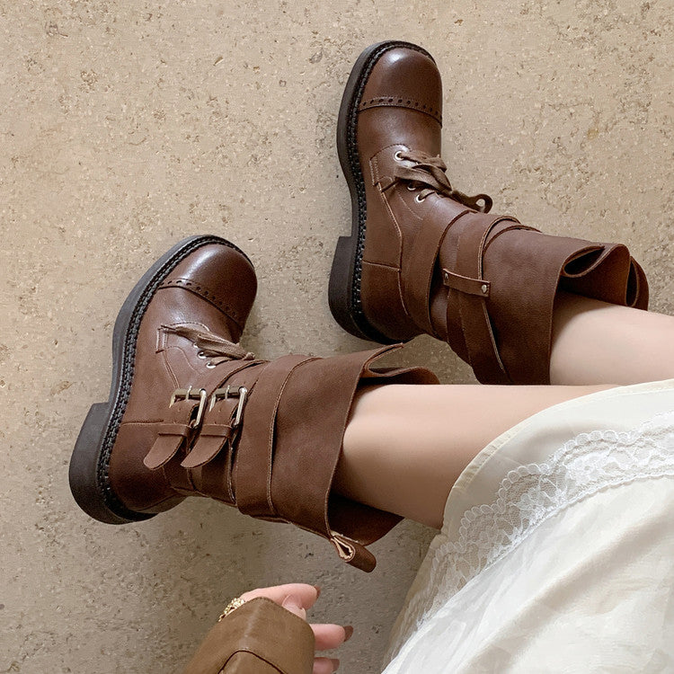 Karin Luna Bestseller Hot-Selling Large Tube Leather Belt Buckle Round Toe Thick-Soled Short Boots