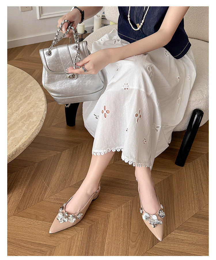 Karin Luna In Stock In Stock  Sequin Floral Pointed Toe Chunky Heel Closed-Toe Sandals