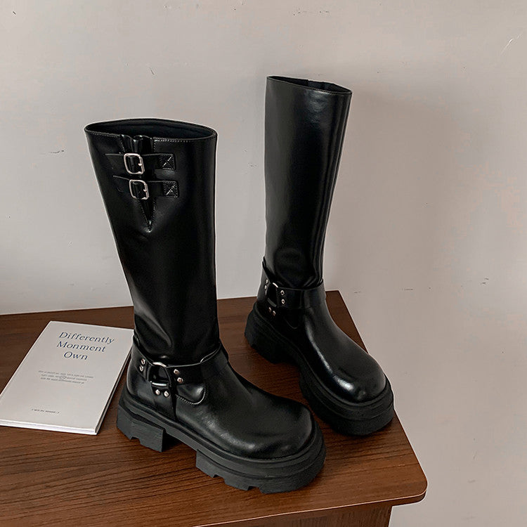 Karin Luna In Stock In Stock  Classic Casual Style Belt Buckle Thick Sole Round Toe Knight Boots Thick Sole