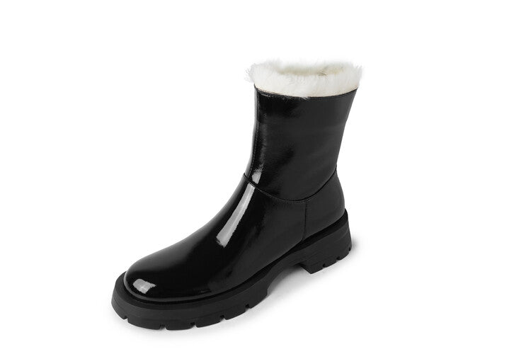 Karin Luna In Stock  Best-selling in stock Thickened Fleece Cow Patent Leather Hot-Selling Flat Short Boots