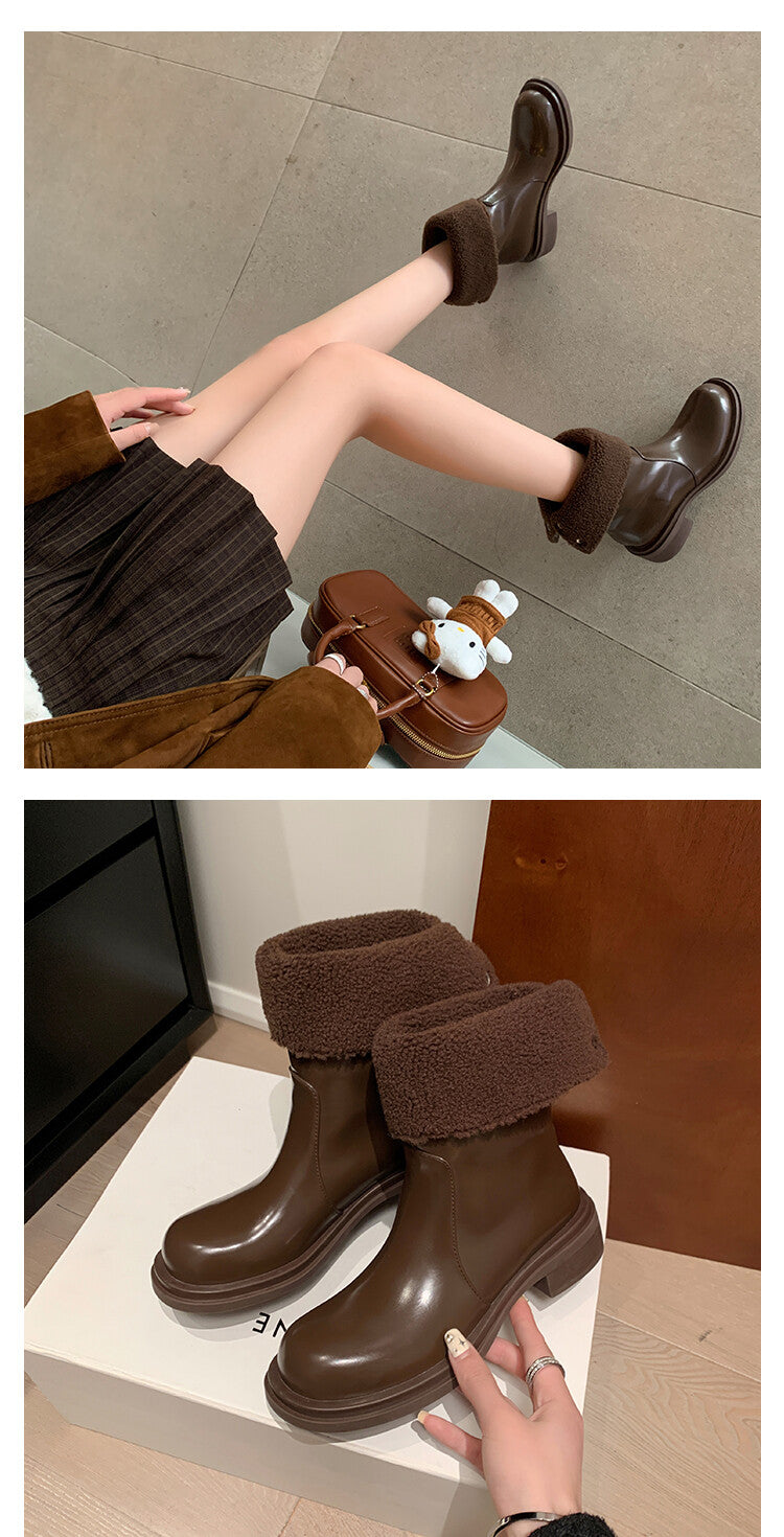 Karin Luna Classic Basic Style   Convertible Foldable Hidden Buckle Snow Fur Shoes Full cowhide Basic Flat Short Boots