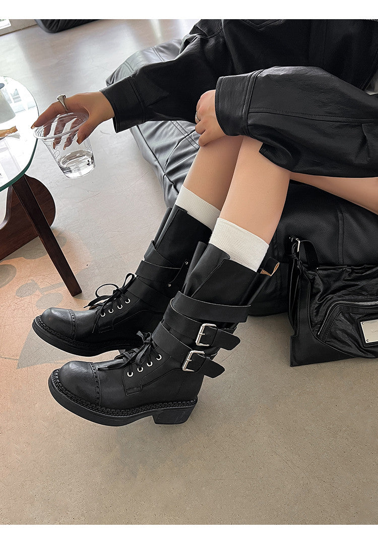 Karin Luna Bestseller Hot-Selling Large Tube Leather Belt Buckle Round Toe Thick-Soled Short Boots