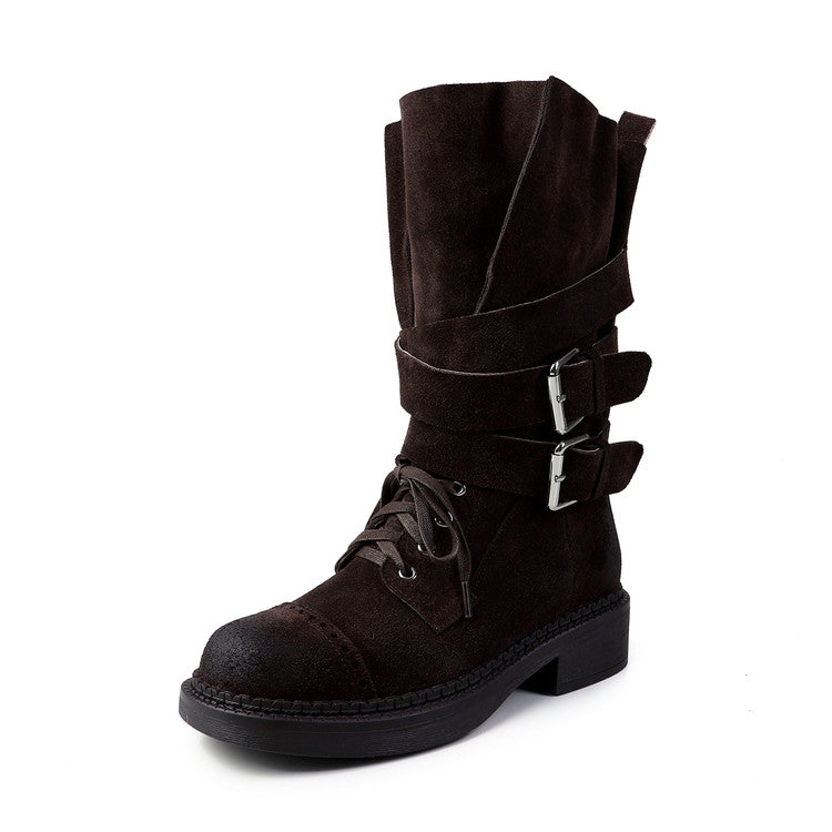 Karin Luna Bestseller Hot-Selling Large Tube Leather Belt Buckle Round Toe Thick-Soled Short Boots