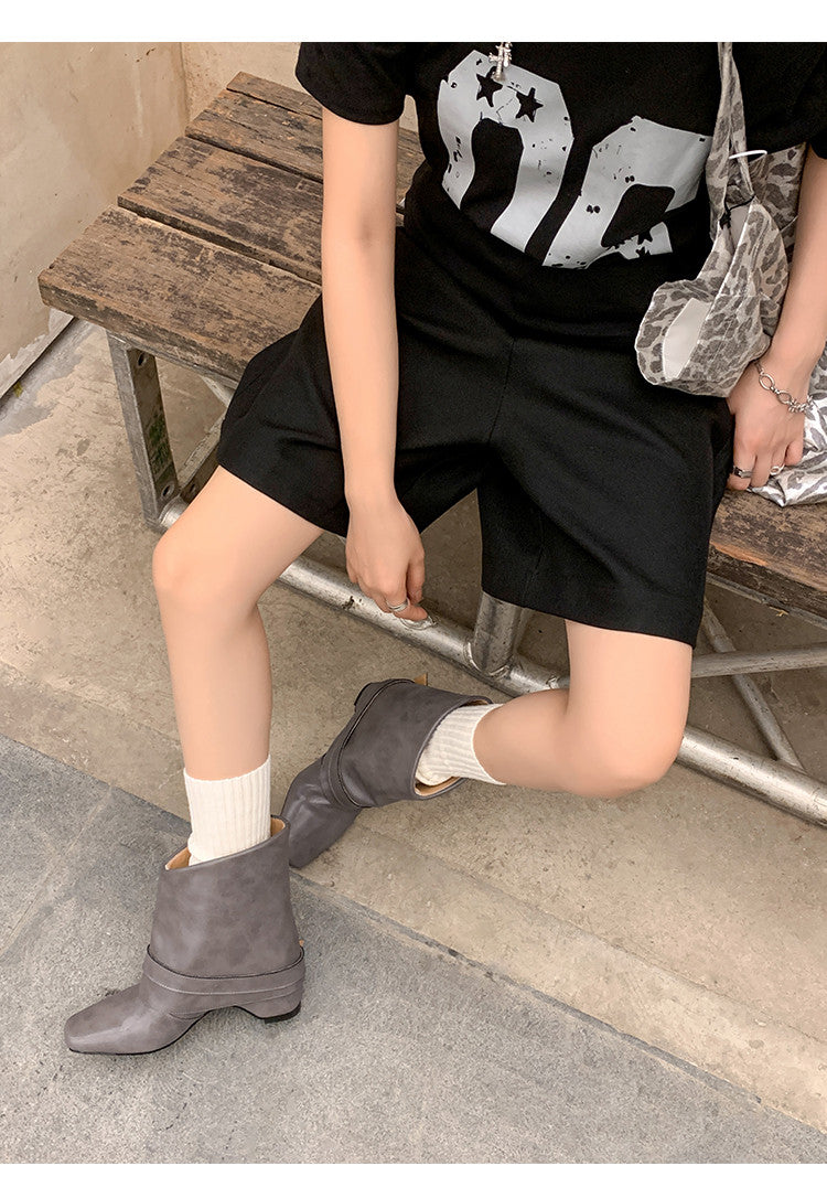 Karin Luna Data Hot Item Square Toe Hidden Wedge Belt Buckle Suede Ankle Boots