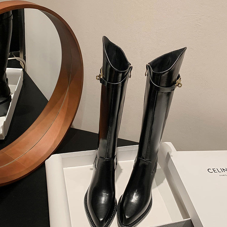 Karin Luna In Stock Spot Goods  Elegant Series~Pointed Toe Chunky Heel Metal Buckle Popular Style Riding Boots