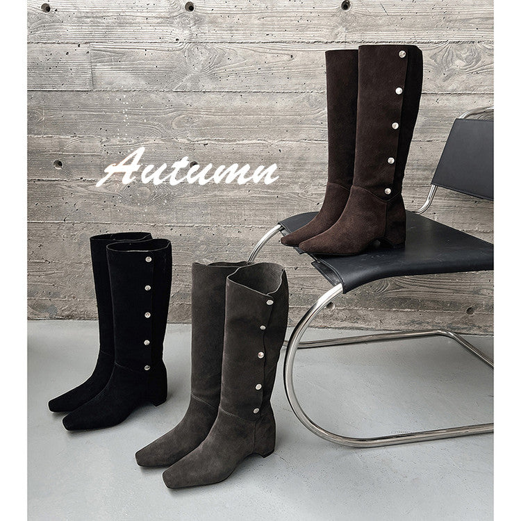 Karin Luna Bestseller Hot-Selling Hidden Buckle Lazy Style Square-Toe Height-Increasing Suede Western Boots