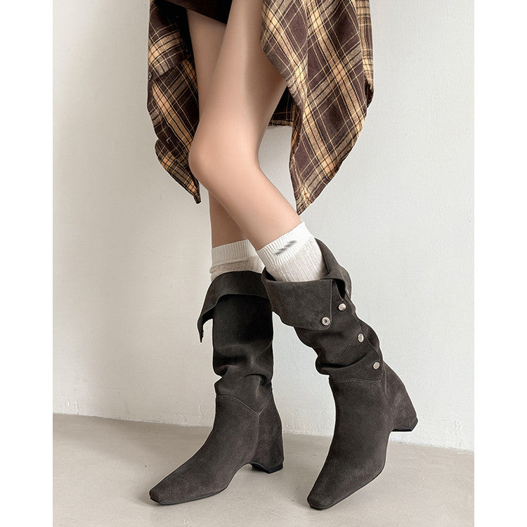 Karin Luna Bestseller Hot-Selling Hidden Buckle Lazy Style Square-Toe Height-Increasing Suede Western Boots