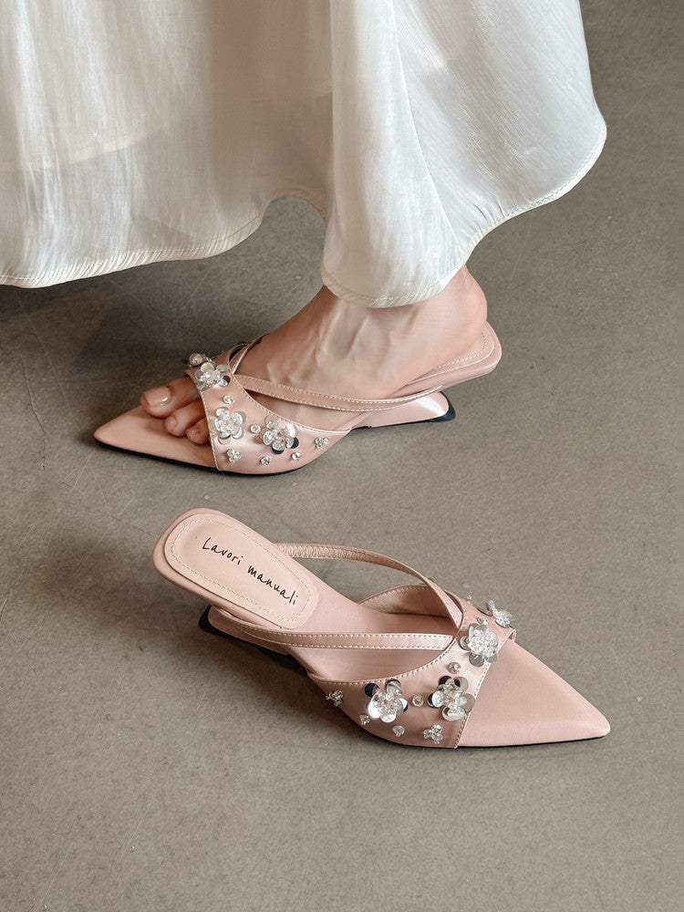 Karin Luna Bestseller Sequin Elements Elegant Pointed Toe Irregular Heel Slippers