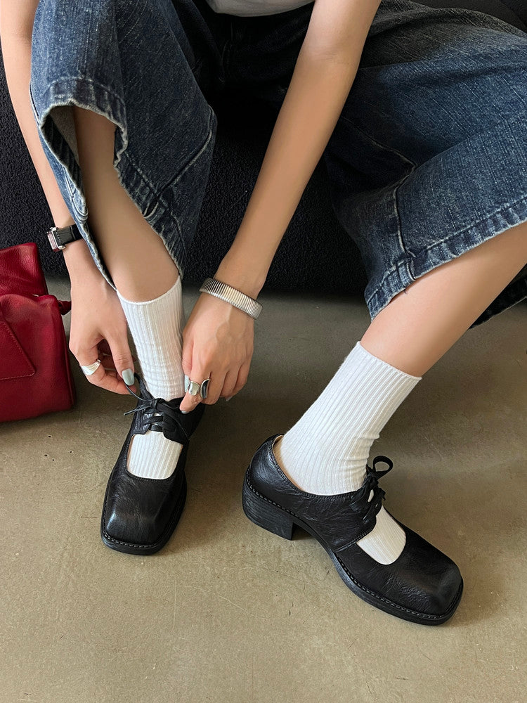 Karin Luna In Stock Spot Goods   Full leather inside and out Vegetable Tanned Hand-Grabbed Sheepskin Square-Toed Chunky Heel Single Shoes