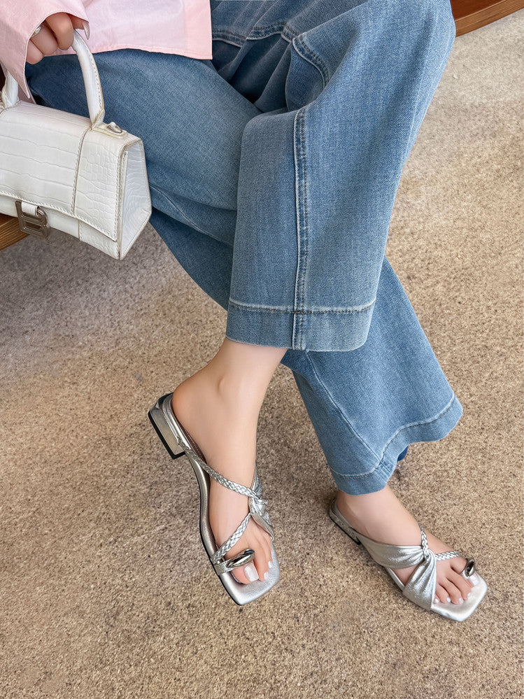 Karin Luna  Square Toe Braided Cross Thick Heel Flat Slippers