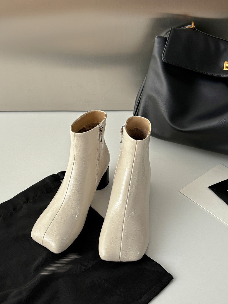 Karin Luna French Style Square Toe Chunky Heel Ankle Boots
