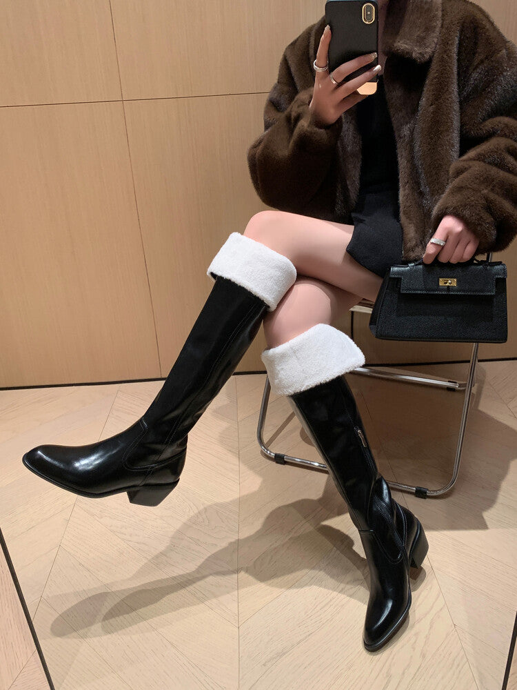 Karin Luna exploded  Three versions exploded Single Fleece Lining Fur Collar Version  Thick Fur Collar Foldable Hot-Selling Full Cowhide Pointed Toe Chunky Heel Classic Style