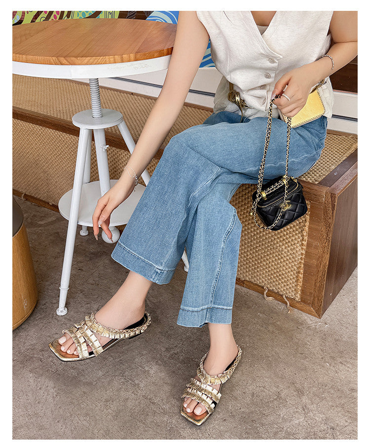 Karin Luna In Stock   Spot Goods  Niche Design Square-Toed Pleated Flat Slippers