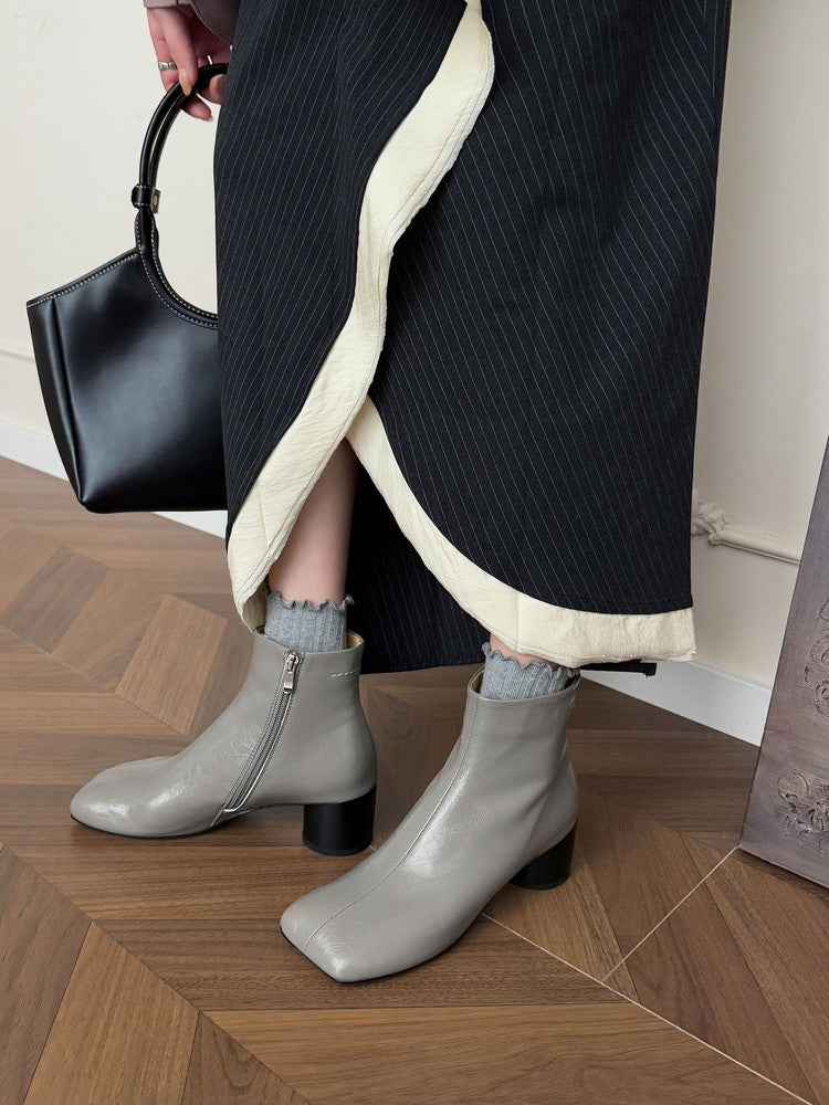 Karin Luna French Style Square Toe Chunky Heel Ankle Boots