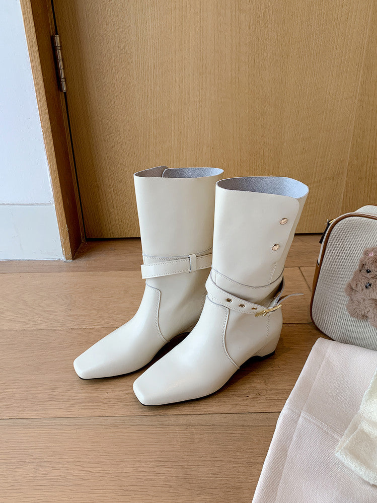 Karin Luna Foldable Belt Buckle Square Toe Hidden Wedge Short Boots