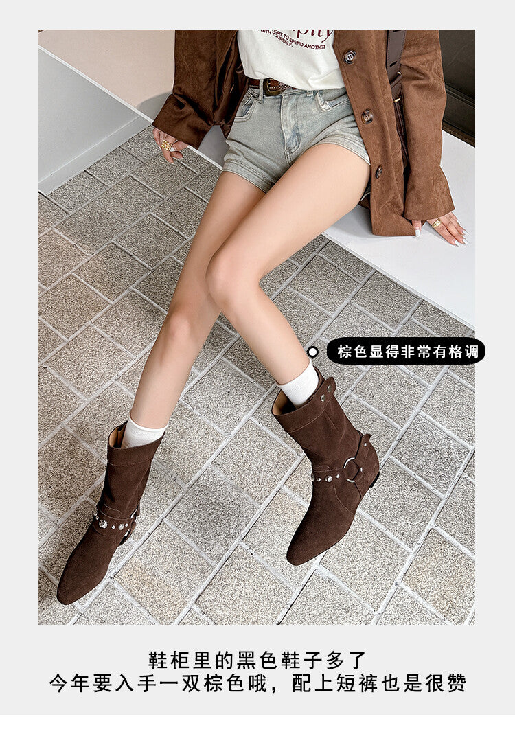 Karin Luna has prepared stock  Hot-Selling Retro Pointed Toe Wedge Metal Buckle High Tube Western Boots