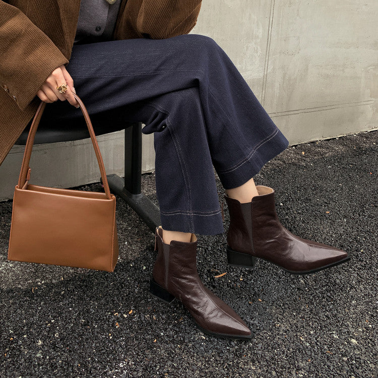 Karin Luna In Stock Spot Goods Elegant Stretch Fabric Patchwork Pointed Toe Chunky Heel Short Boots