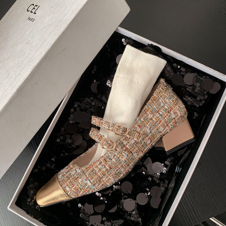 Karin Luna Classic Chanel Style~ Tweed Spring Limit Square Toe Chunky Heel Mary Jane Strap Single Shoes