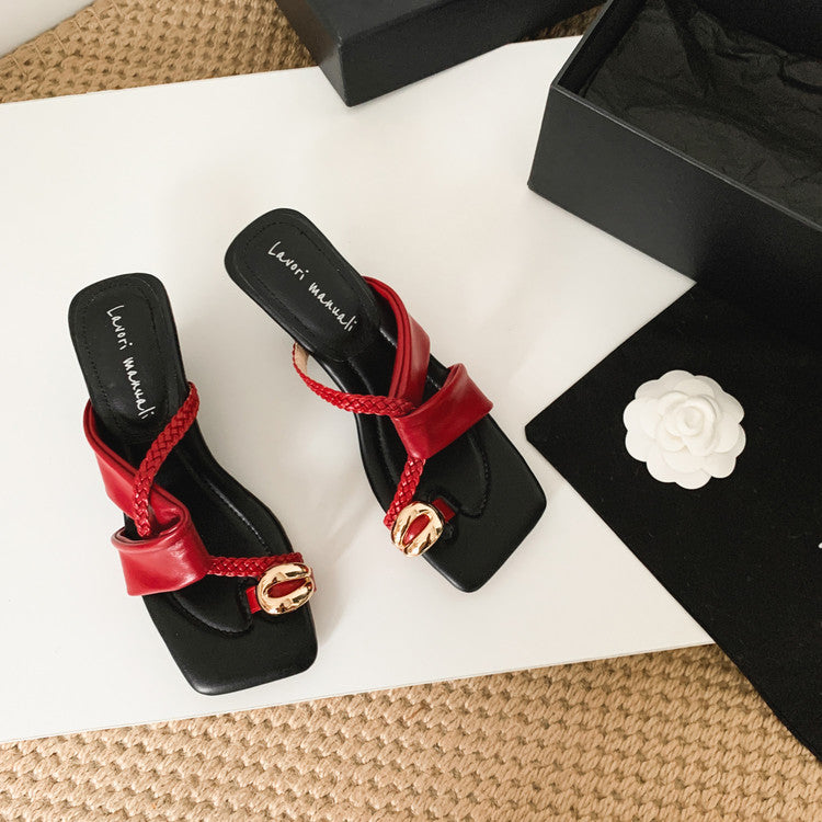 Karin Luna Braided Style ~Cross Strap Square Toe Irregular Heel Slippers