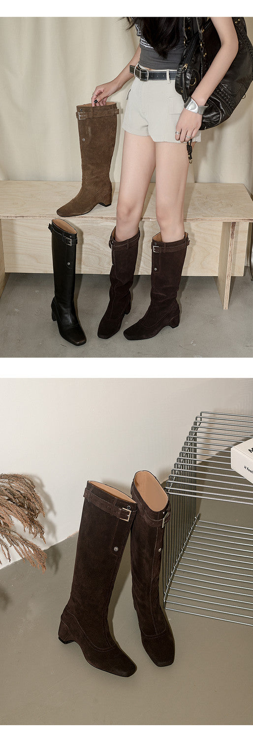 Karin Luna Belt Buckle Elegant Chunky Heel Suede Western Boots