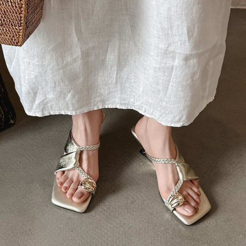 Karin Luna Braided Style ~Cross Strap Square Toe Irregular Heel Slippers
