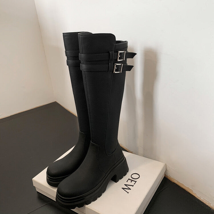 Karin Luna In Stock Best-selling in stock   Super Soft Sheepskin  Round Toe Thick Sole Vintage Belt Buckle Long Boots