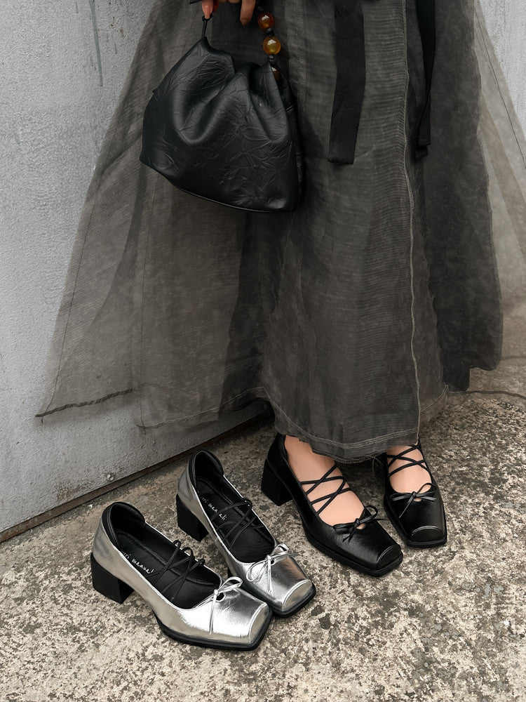 Karin Luna In Stock Spot Goods  Popular Self-flowing Bowknot Square Toe Chunky Heel Single Shoes