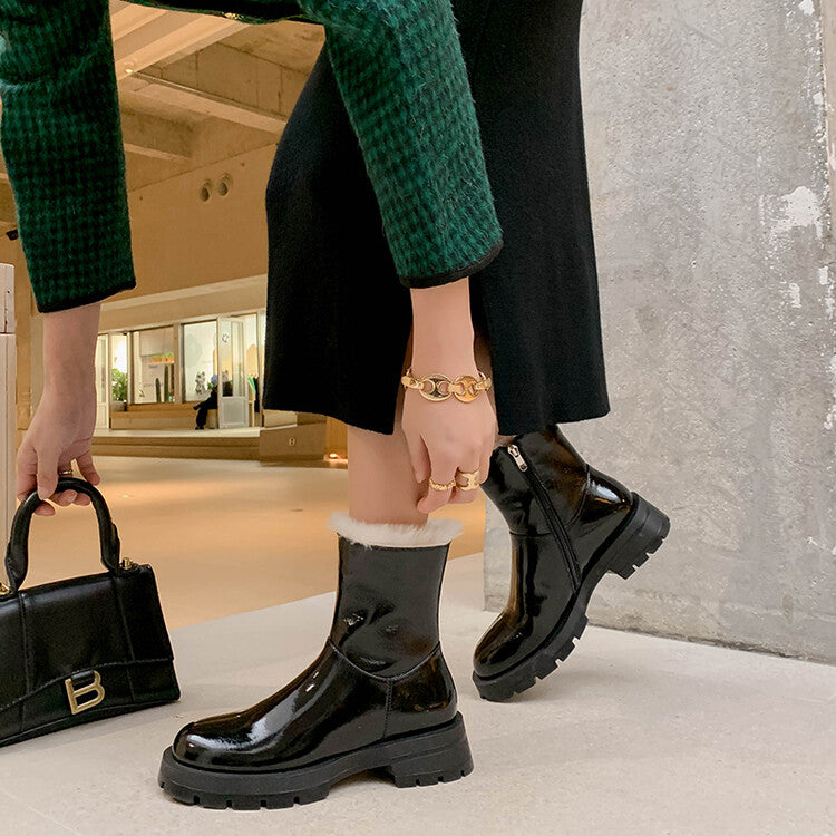 Karin Luna In Stock  Best-selling in stock Thickened Fleece Cow Patent Leather Hot-Selling Flat Short Boots