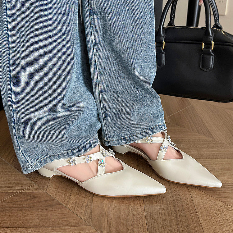 Karin Luna Elegant Pointed Toe Rhinestone Flower High Heel Mules