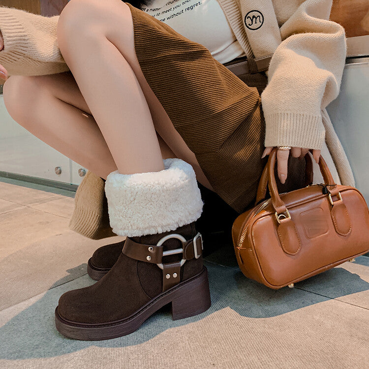 Karin Luna Genuine Lamb Wool and Cowhide Leather Hot-selling Metal Buckle Round Toe Chunky Heel Main Push Main Push