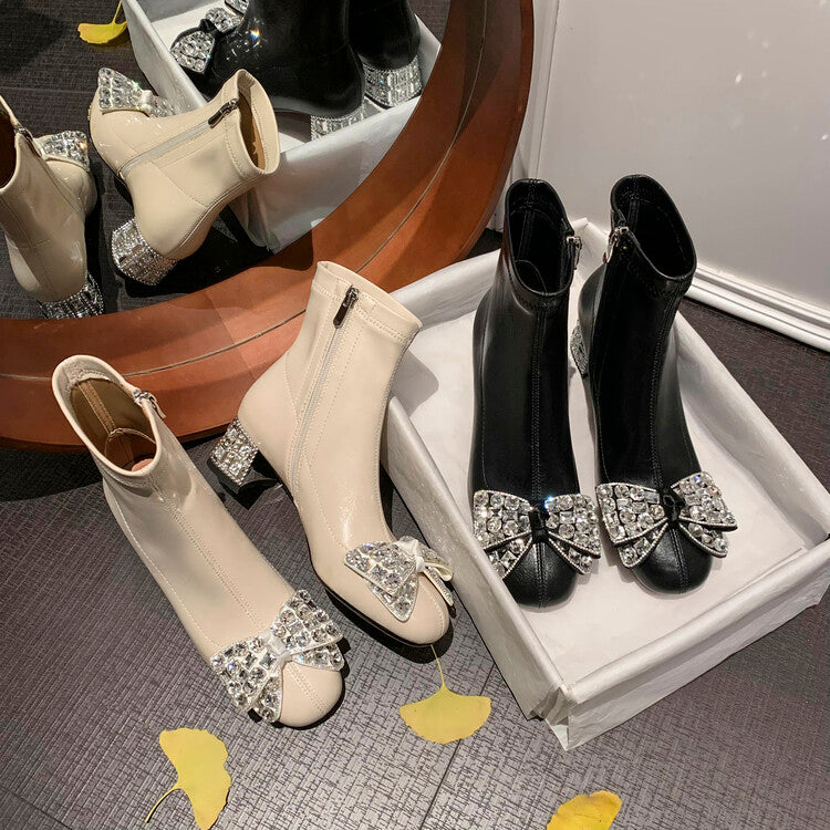 Karin Luna In Stock   Rhinestone Bow Thick Heel Slim Boots