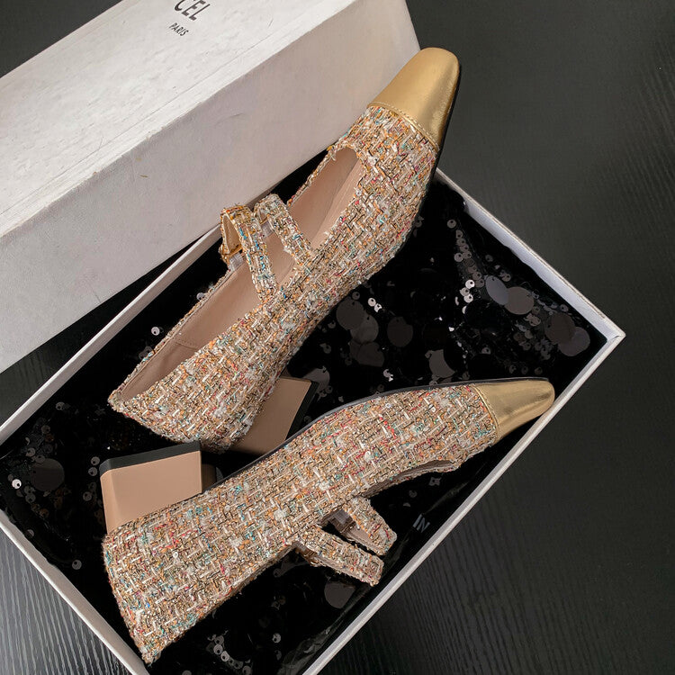 Karin Luna Classic Chanel Style~ Tweed Spring Limit Square Toe Chunky Heel Mary Jane Strap Single Shoes