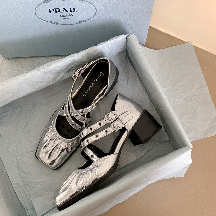 Karin Luna In Stock Spot Goods First Layer Sheepskin Cross Strap Rivet Square Toe Mary Jane Sandals