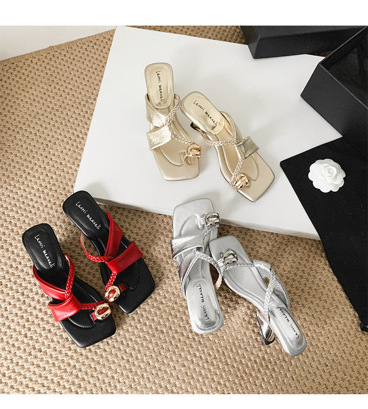 Karin Luna Braided Style ~Cross Strap Square Toe Irregular Heel Slippers