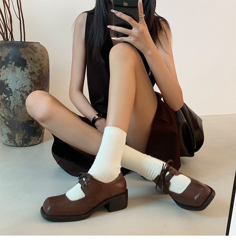 Karin Luna In Stock Spot Goods   Full leather inside and out Vegetable Tanned Hand-Grabbed Sheepskin Square-Toed Chunky Heel Single Shoes