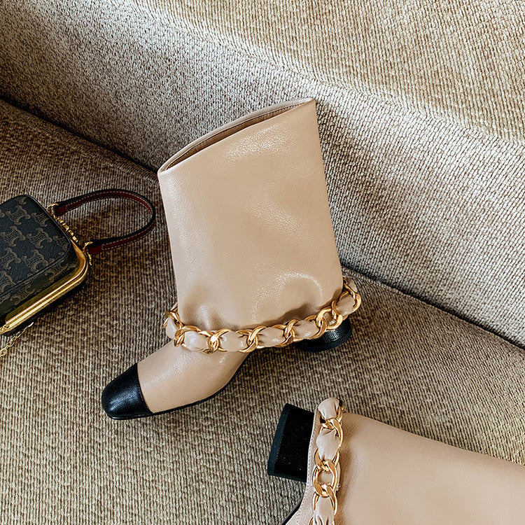 Karin Luna Classic Style Xiangjia Style Chunky Heel Chain Ankle Boots