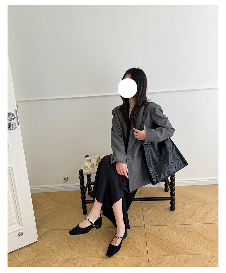 Karin Luna In Stock Spot Goods  Vintage Full Leather Square Toe Rhinestone Strap Shallow Mouth Single Shoes