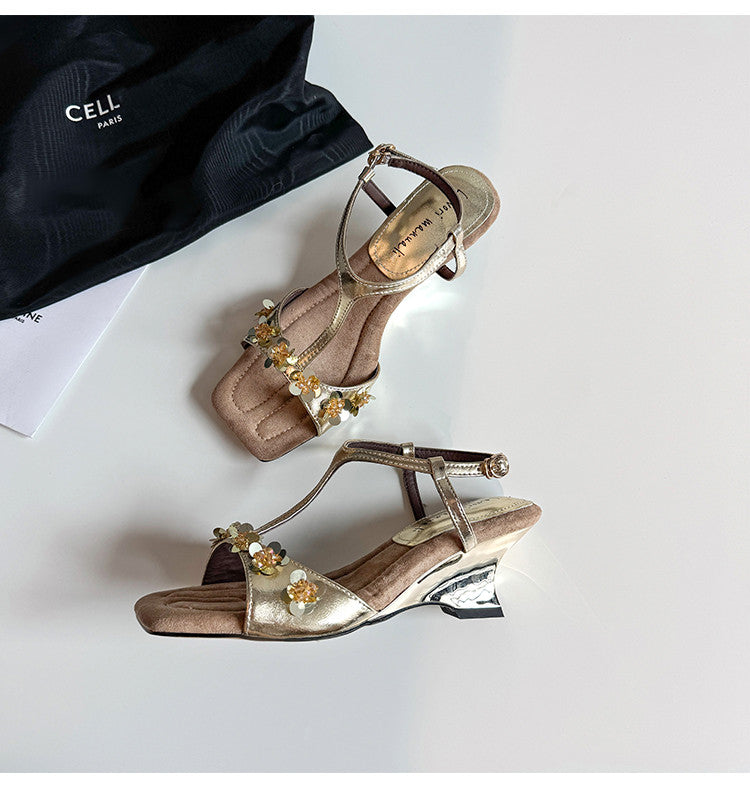 Karin Luna Hot-Selling Sequin Floral Series ~  Square Toe Irregular Heel Square Toe Sandals