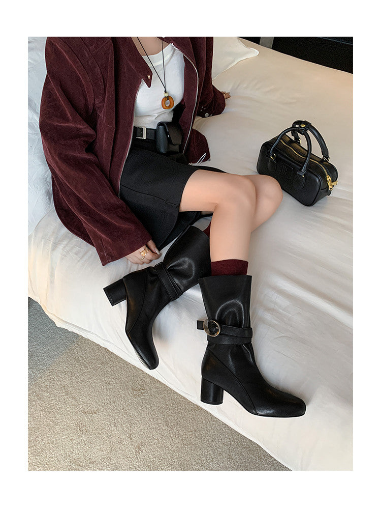 Karin Luna In Stock Spot Goods  Belt Buckle High Heel Large Tube Small Short Boots