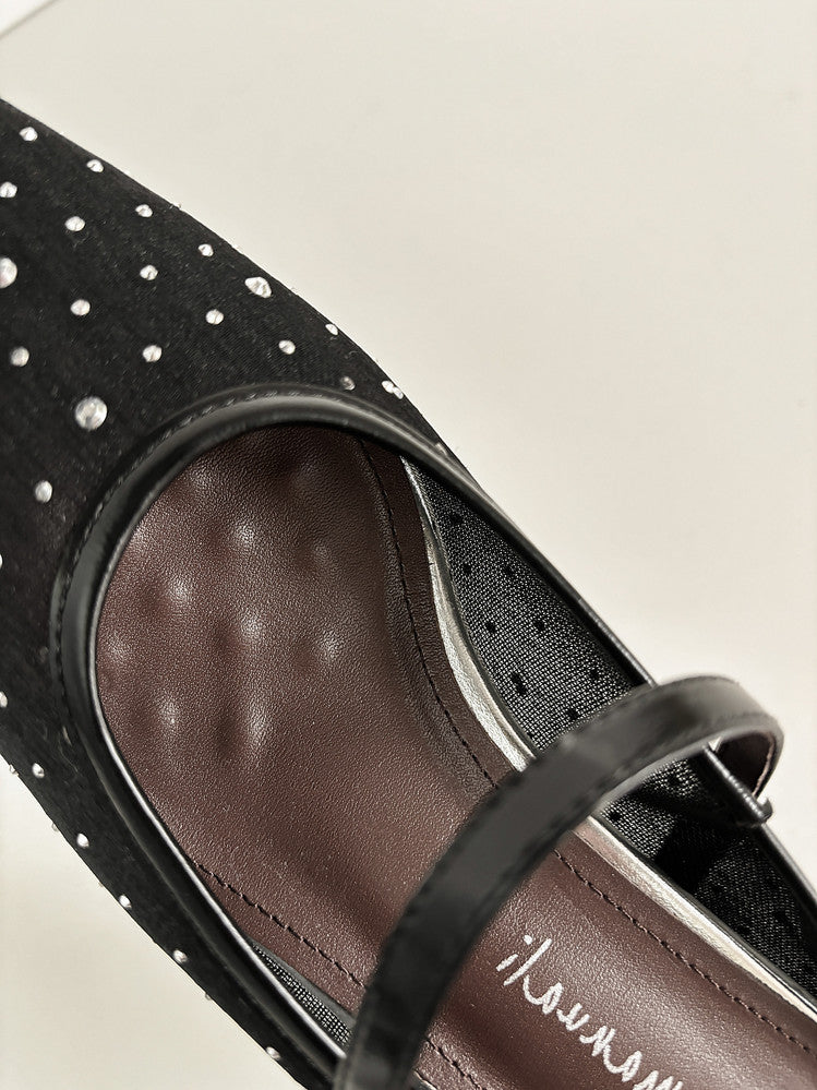 Karin Luna In Stock Spot Goods  Breathable Mesh Fabric Embellished Hand Drill Pointed Toe Slippers