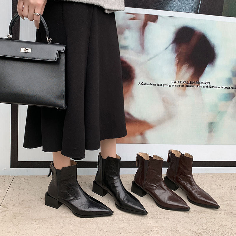Karin Luna In Stock Spot Goods Elegant Stretch Fabric Patchwork Pointed Toe Chunky Heel Short Boots