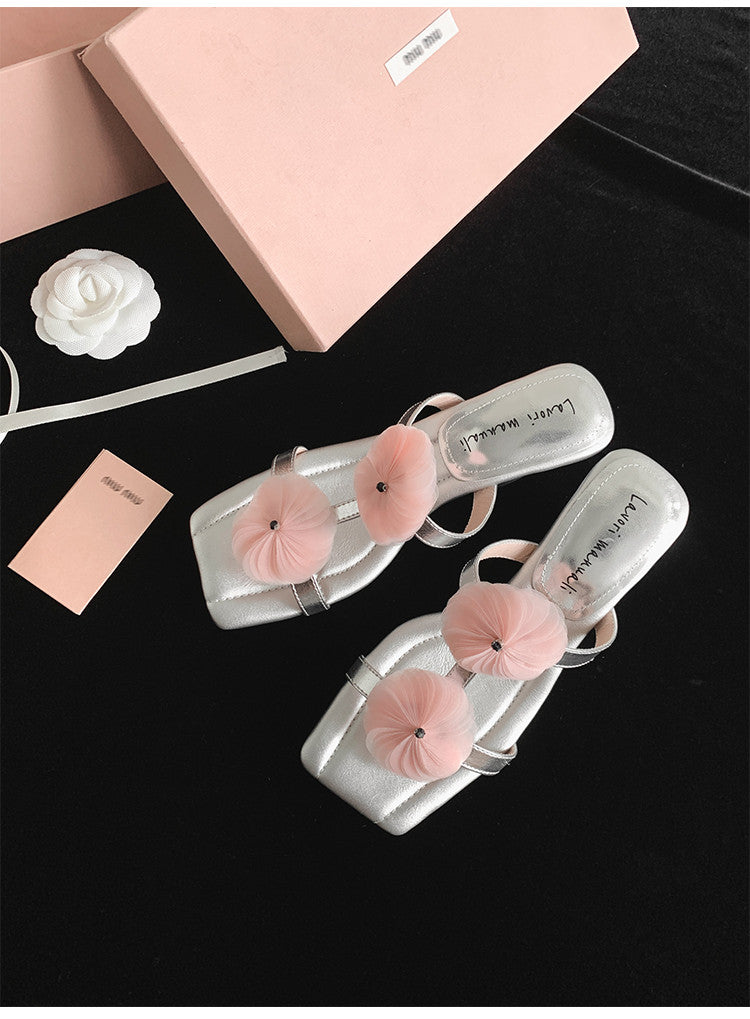 Karin Luna Hot-Selling Floral Square Toe Irregular Heel Floral Slippers