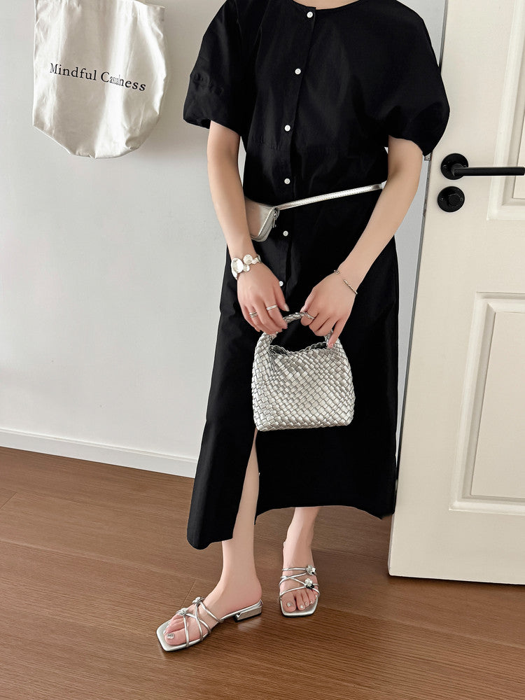 Karin Luna In Stock    Spot Goods    Square Toe One-Strap Sequin Flower Flat Slippers