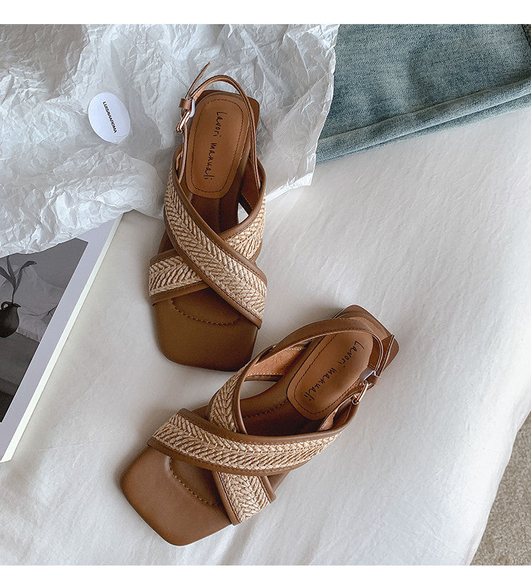 Karin Luna In Stock  Spot Goods Woven Style  Cross-strap Vacation Style Flat Sandals