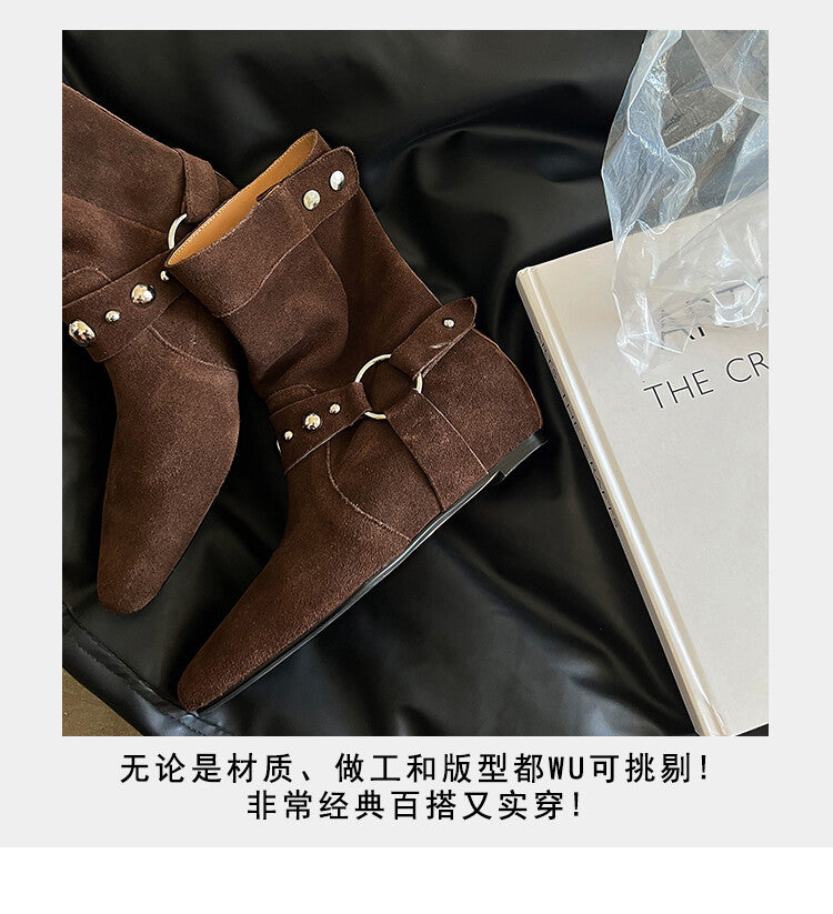 Karin Luna has prepared stock  Hot-Selling Retro Pointed Toe Wedge Metal Buckle High Tube Western Boots