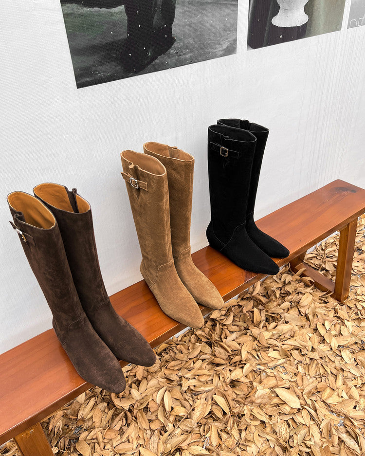 Karin Luna In Stock Spot Goods Vintage Cowhide Leather Chunky Heel Height Increasing Long Boots