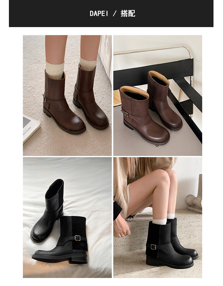 Karin Luna Belt Buckle Chunky Heel Fashion Short Boots