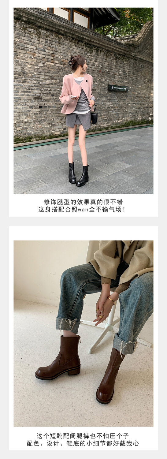 Karin Luna In Stock Spot Goods  Full-grain leather inside and out   Minimalist Texture  Round Toe Flat Bottom Basic Short Boots
