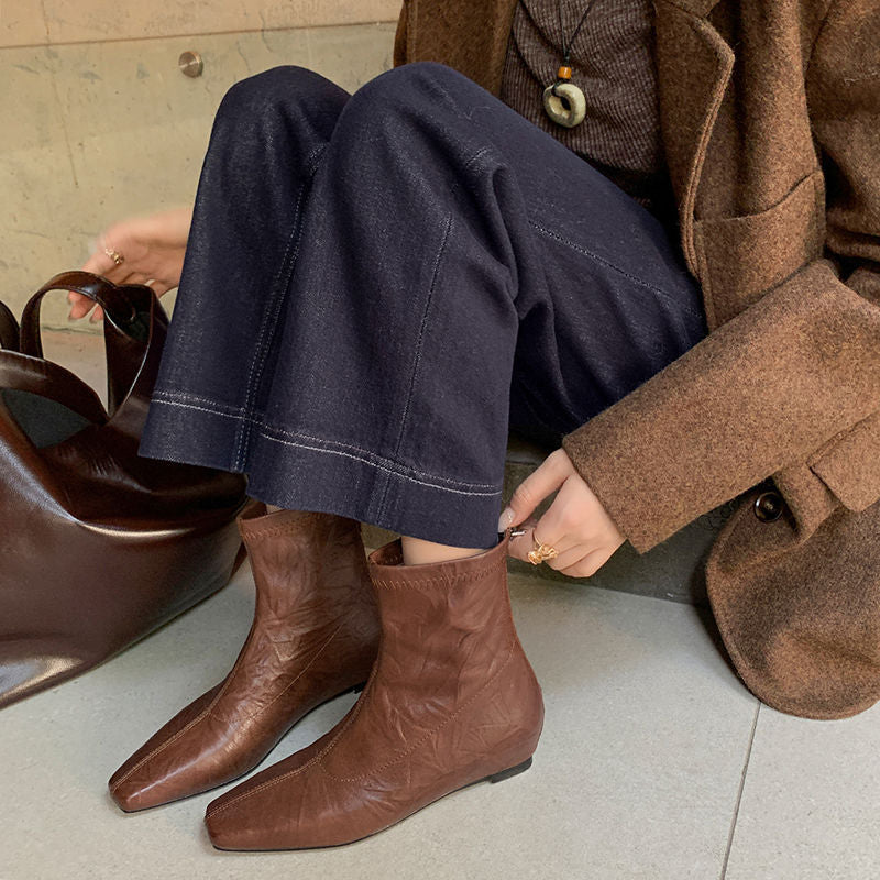 Karin Luna In Stock Spot Goods Slim Series  Hidden Wedge Small Square Toe Back Zipper Short Boots